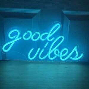 Good Vibes Neon Sign Blue LED Light USB‎ Dorm Wall Decor Acrylic Backing 16  x 8